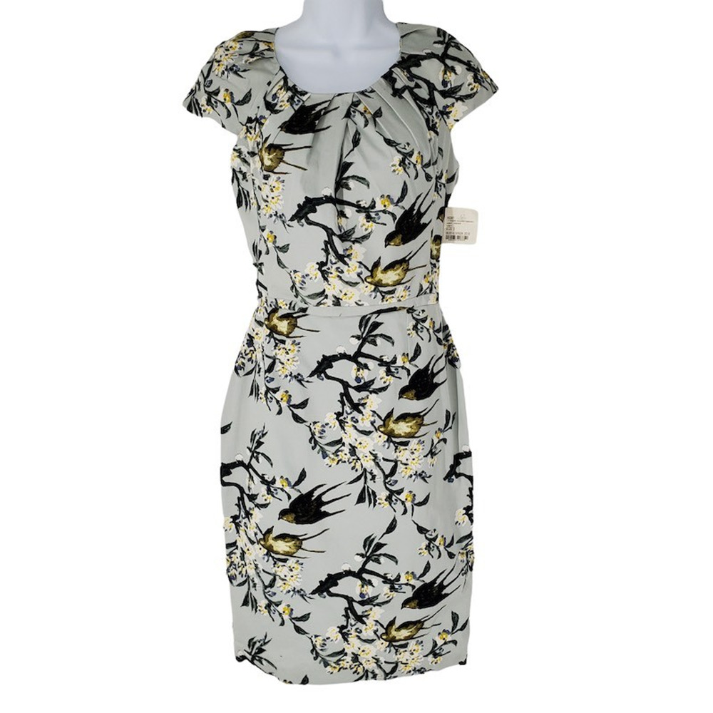 Peony Womens Sheath Dress Gray Black Floral Pleated Scoop Neck Cap Sleeve 2 New